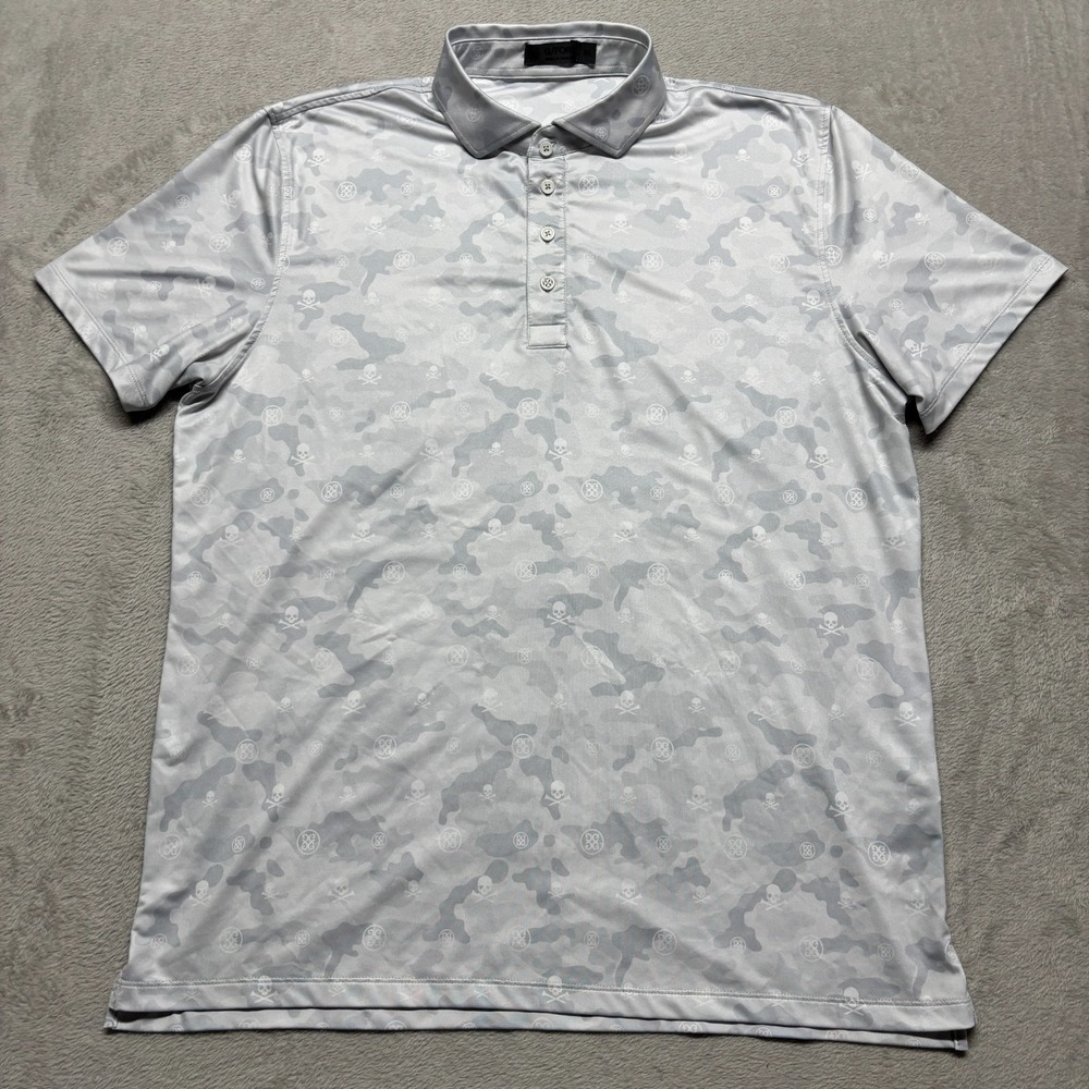 G Fore Polo Shirt Mens XL Gray Skull Camo Print Icon Tech Performance Golf EUC